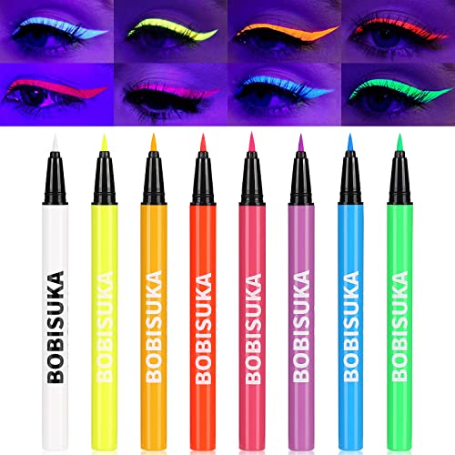 BOBISUKA UV Eyeliner Set 8 Farben Wasserfest - Matte Flüssiger Eyeliner Bunt - Glühender Eyeliner Wischfest, Langanhaltend, Hohe Farbwiedergabe und Einfache Anwendung von BOBISUKA