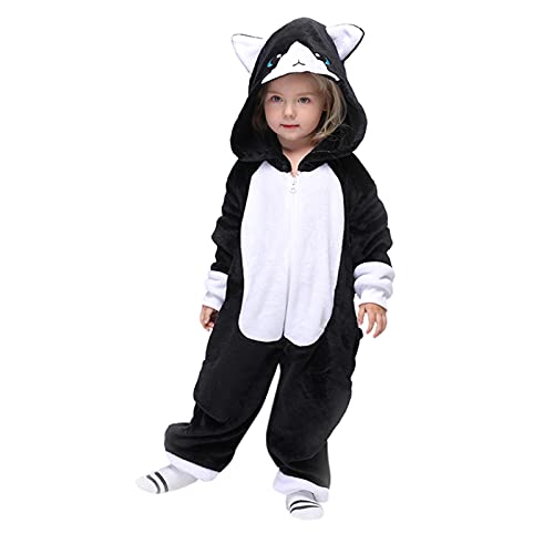 BOBOLover Kinder-Schlafanzug mit Tier-Motiv, Niedlich Flanell Jumpsuit Pyjamas, Unisex, für Jungen und Mädchen Kostüme für zu Hause, Geschenke für Baby 1-6Y (Schwarze Katze, 3-4 Years) von BOBOLover