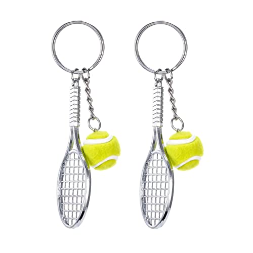 BOBOZHONG Tennis Schläger Keychain,2 Stück Sport Schlüsselanhänger Anhänger Silber aus Metall grüner Sport Schlüsselring der Neuheit Mini Tennisball Anhänger Geschenke für Tennisliebhaber von BOBOZHONG