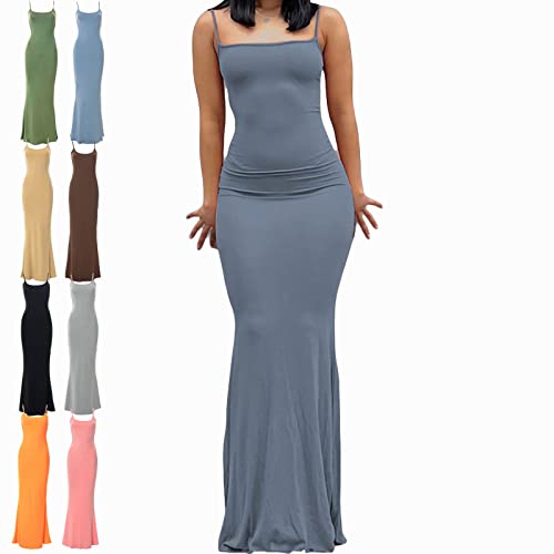 BOBT Bodycon Dress Long, Cami Figurbetontes Kleid, Damen Spaghettiträger Midikleid Asymmetrisch Figurbetontes Ärmelloses Kleid Enger Sommerkleid Partykleid mit Schlitz, Blau, L von BOBT