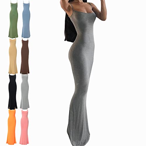 BOBT Bodycon Dress Long, Cami Figurbetontes Kleid, Damen Spaghettiträger Midikleid Asymmetrisch Figurbetontes Ärmelloses Kleid Enger Sommerkleid Partykleid mit Schlitz, Grau, L von BOBT