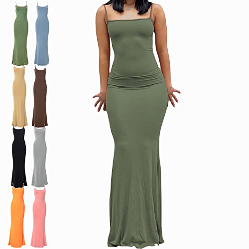 BOBT Bodycon Dress Long, Cami Figurbetontes Kleid, Damen Spaghettiträger Midikleid Asymmetrisch Figurbetontes Ärmelloses Kleid Enger Sommerkleid Partykleid mit Schlitz, Grün, S von BOBT