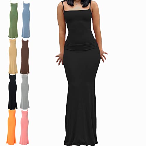 BOBT Bodycon Dress Long, Cami Figurbetontes Kleid, Damen Spaghettiträger Midikleid Asymmetrisch Figurbetontes Ärmelloses Kleid Enger Sommerkleid Partykleid mit Schlitz, L, Schwarz von BOBT