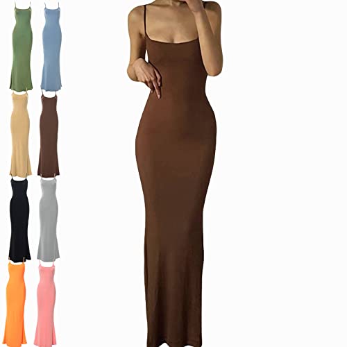 BOBT Bodycon Dress Long, Cami Figurbetontes Kleid, Damen Spaghettiträger Midikleid Asymmetrisch Figurbetontes Ärmelloses Kleid Enger Sommerkleid Partykleid mit Schlitz von BOBT