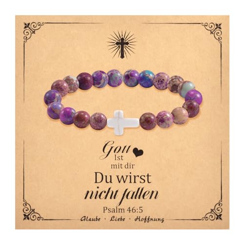 BOCHOI Kreuz Armband Perlenarmband Damen Christliche Geschenke Naturstein Perlen Armband Mädchen Armbänder Geburtstag Valentinstag Geschenke Für Mama Tochter Oma Enkelin Schwester Freundin von BOCHOI