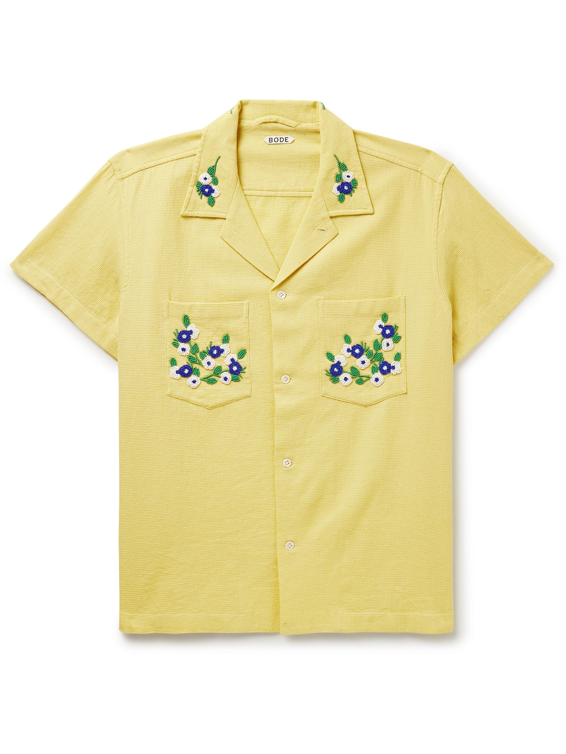 BODE - Chicory Camp-Collar Bead-Embellished Waffle-Knit Cotton Shirt - Men - Yellow - M von BODE