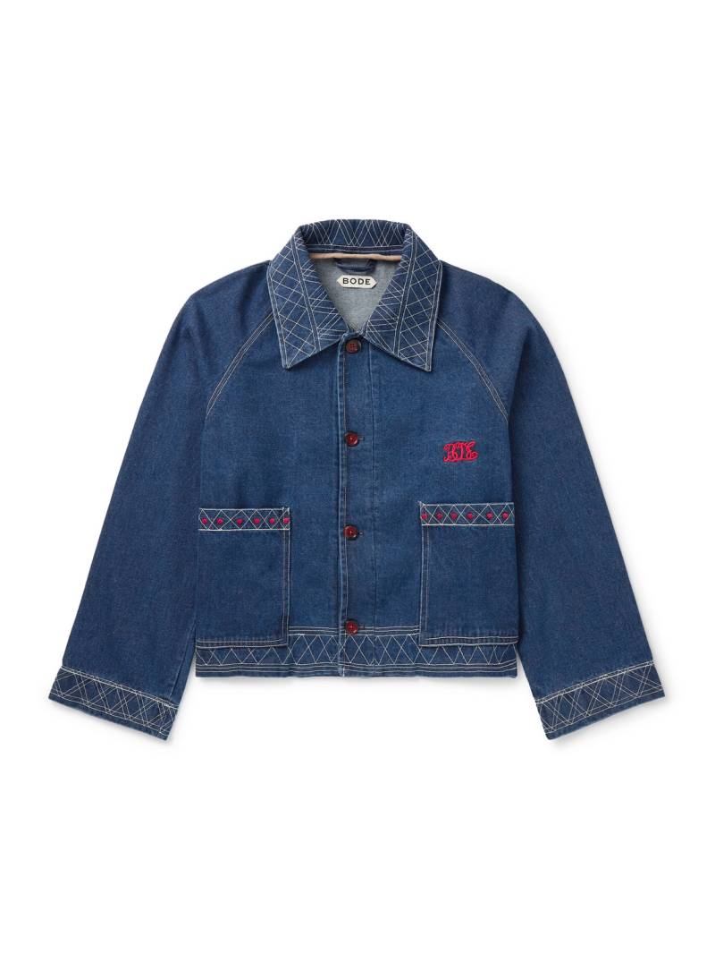BODE - Cropped Embroidered Denim Jacket - Men - Blue - XXL von BODE