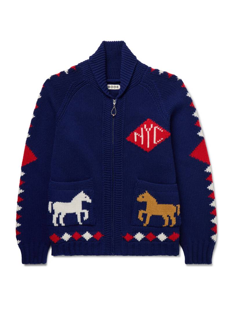 BODE - Diamond Corral Shawl-Collar Merino Wool-Jacquard Cardigan - Men - Blue - M von BODE