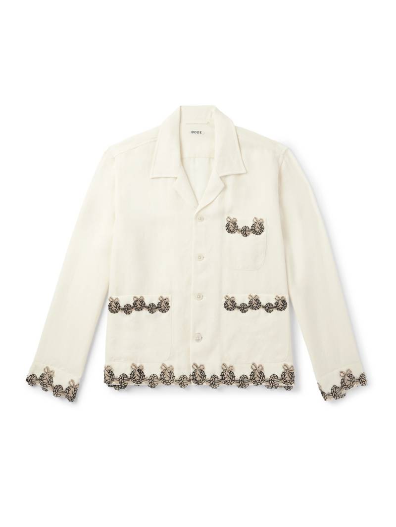 BODE - Laurelist Camp-Collar Logo-Embroidered Appliquéd Wool-Flannel Overshirt - Men - Neutrals - S BODE - Laurelist Camp-Collar Logo-Embroidered Appliquéd Wool-Flannel Overshirt - Men - Neutrals - S von BODE