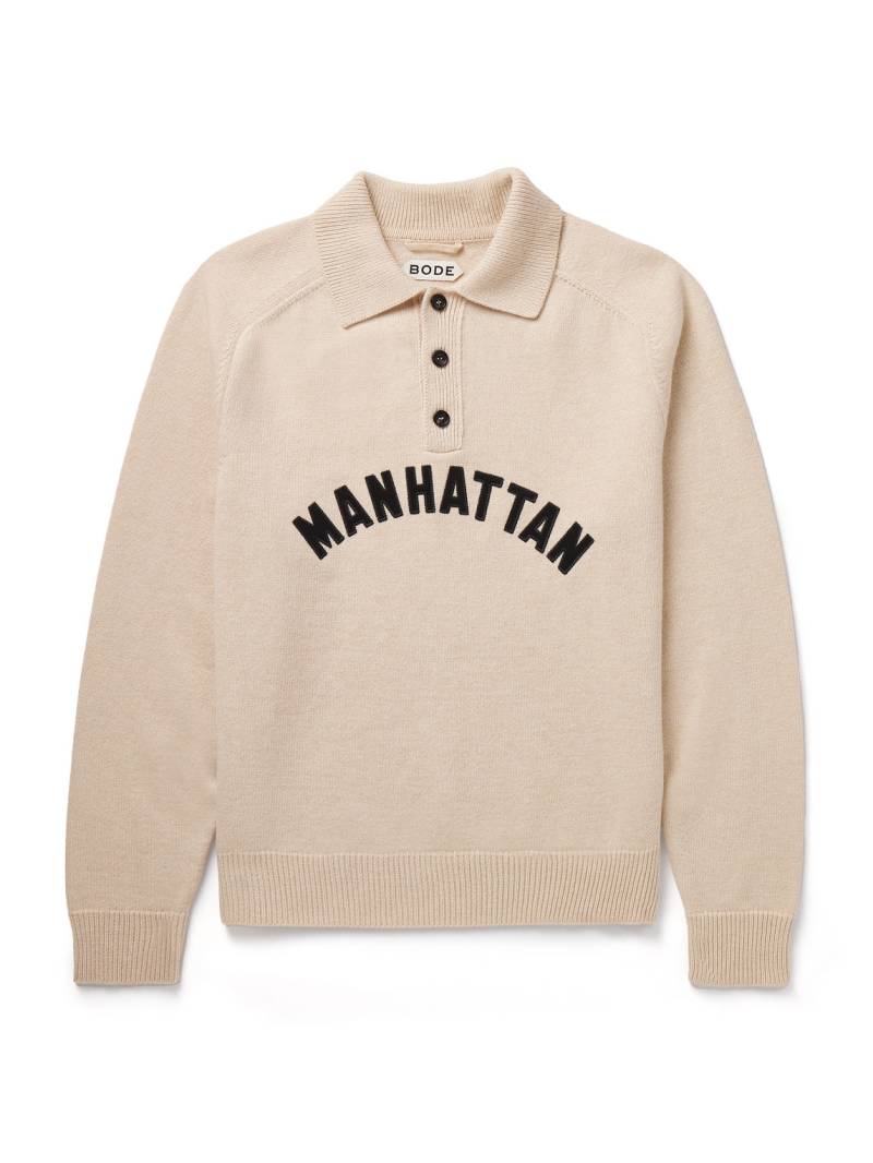 BODE - Manhattan Appliquéd Wool Polo Shirt - Men - Neutrals - XL von BODE
