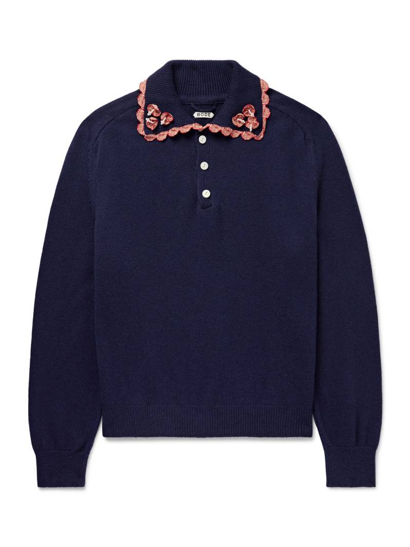 BODE - Rookie Appliquéd Embellished Wool and Cashmere-Blend Polo Shirt - Men - Blue - L von BODE