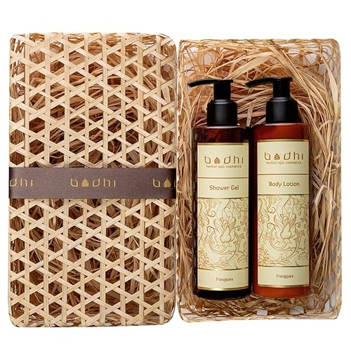 Bodhi® Naturkosmetik Geschenkset FRANGIPANI 2 x 250ml - für Damen mit dem herrlichen Duft der Plumeria, beinhaltet Körpermilch und Duschgel, verpackt in Handgemachter Pandan Box/Bio & Vegan von BODHI