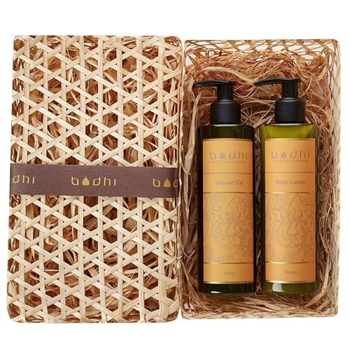 Bodhi® Naturkosmetik Geschenkset MANGO 2 x 250ml - beinhaltet Körpermilch und Duschgel, verpackt in schöner Handgemachter Pandan Box für Damen und Herren/Bio & Vegan von BODHI