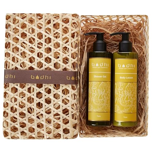 Bodhi® Naturkosmetik Geschenkset YUZU 2 x 250ml - beinhaltet Körpermilch und Duschgel, verpackt in schöner Handgemachter Palmblatt Box für Damen und Herren/Bio & Vegan von BODHI