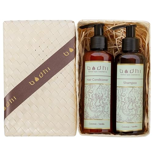 Bodhi® Naturkosmetik Geschenkset für gesundes Haar KOKOSNUSS VANILLE 2 x 200ml - beinhaltet Shapoo und Conditioner, verpackt in schöner Handgemachter Pandan Box für Damen und Herren/Bio & Vegan von BODHI