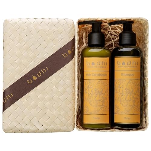 Bodhi® Naturkosmetik Geschenkset für gesundes Haar MANGO 2 x 200ml - beinhaltet Shapoo und Conditioner, verpackt in schöner Handgemachter Pandan Box für Damen und Herren/Bio & Vegan von BODHI