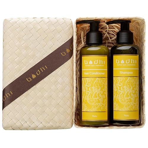 Bodhi® Naturkosmetik Geschenkset für gesundes Haar YUZU 2 x 200ml - beinhaltet Shapoo und Conditioner, verpackt in schöner Handgemachter Pandan Box für Damen und Herren/Bio & Vegan von BODHI