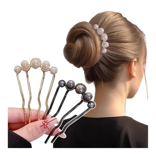 2 x koreanische U-förmige Perlen-Haarnadeln für Damen, elegante Metallgabeln, Vintage-Perlen-Haarnadeln, Haarstyling-Werkzeuge, Geschenke (B-Schwarz / Gold) von BODOBTF
