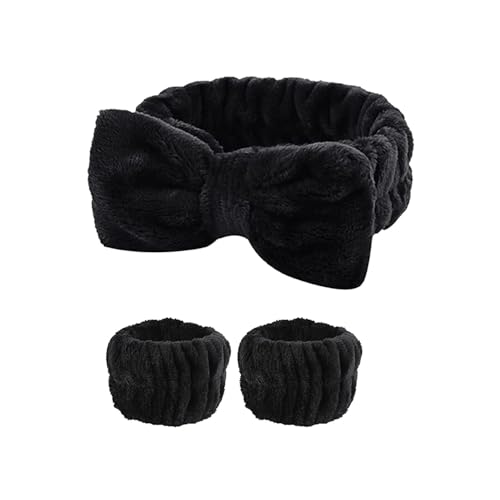 3 Paar Gesichtsmanschetten für Damen, wasserdicht, saugfähig, Korallen-Fleece, Kaninchenohren, Stirnband, Haar-Zubehör-Set (schwarz) von BODOBTF