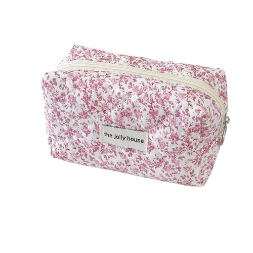 BODOBTF Gesteppte Make-up-Tasche mit Blumenmuster – Reise-Organizer – Kulturbeutel – Süße Kosmetiktasche – Blumen-Handtasche, Rosa, one size von BODOBTF