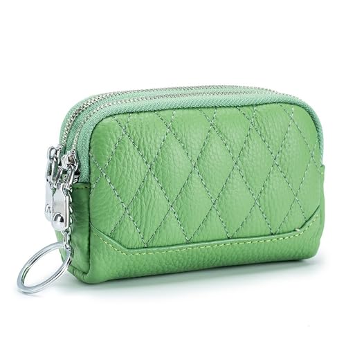 BODOBTF Mini-Münzgeldbörse aus echtem Leder, Ausweishalter, kleine kurze Geldbörse mit zwei Reißverschlüssen, tragbare Make-up-Tasche, grün, Einheitsgröße von BODOBTF