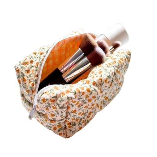 BODOBTF Modische gesteppte Make-up-Aufbewahrungstasche, tragbar, Reise-Organizer, Kosmetiktasche, Kulturbeutel, niedliche Make-up-Handtasche, Blumenmotiv, 366 Oragne, Einheitsgröße von BODOBTF