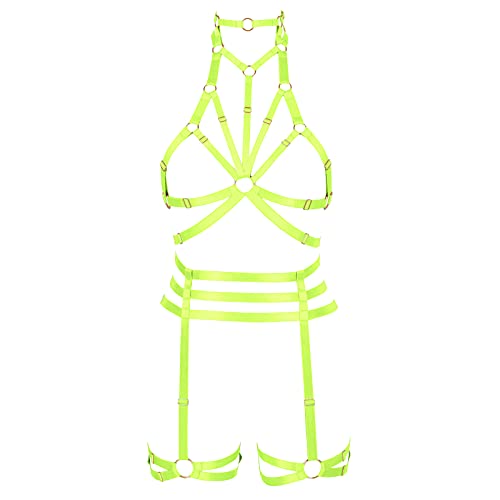 BODYCAGE BH Käfig Dessous-Set Strapsgürtel Body Harness Damen Punk Machen Party Brustgurt Festival Rave Halloween, neon green, One size von BODY CAGE