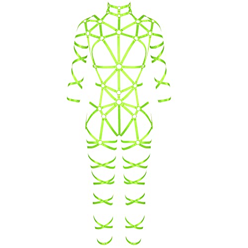 BODYCAGE Strapsgürtel BH Brustgurt Gothic Käfig Dessous Set Body Harness Damen Halloween Punk Party Festival Rave, neon green, One size von BODY CAGE