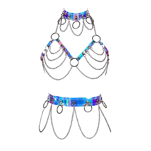 Damen Ganzkörper Geschirr BH Brustgurt Körperkette Set Leder Dessous Käfig Taillengürtel Fotografie Tanz Rock, Blau, Einheitsgröße von BODY CAGE
