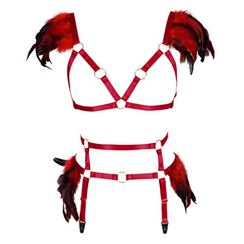 Damen Ganzkörpergeschirr BH Dessous Käfig Set Strumpfband Punk Gürtel Festival Rave Übergröße Dehnbarer Stoff, Weinrot, Einheitsgröße von BODY CAGE