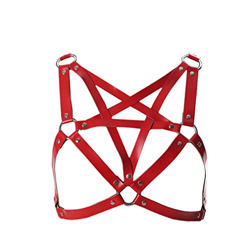 Damen Leder Pentagramm Body Harness BH Brustgurt Punk Gothic Dessous Käfig Taillengürtel Übergröße, Rot/Ausflug, einfarbig (Getaway Solids), Einheitsgröße von BODY CAGE