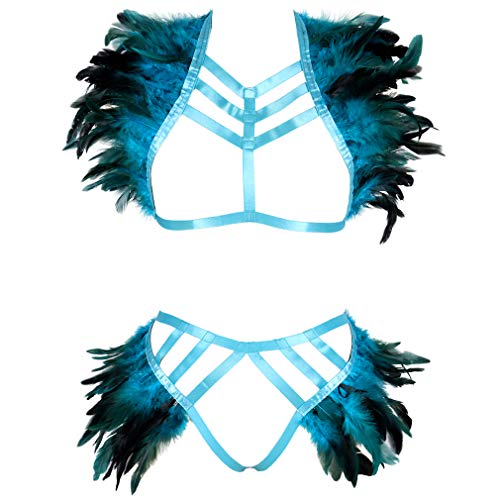 Federn Epaulets Ganzkörpergeschirr für Frauen Dessous Käfig Set Gothic Punk Strumpfband Gürtel Burning Man Halloween, Himmelblau, Einheitsgröße von BODY CAGE