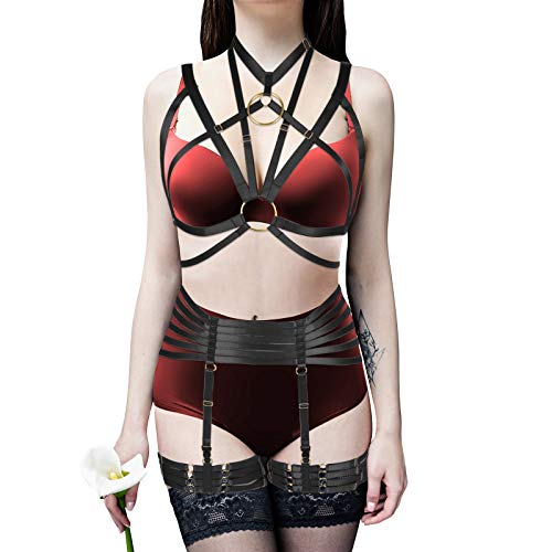 Ganzkörper-Geschirr-BH Damen Dessous Käfig Gothic Punk Strumpfband Gürtel Festival Rave Dehnbarer Stoff Brustgurt Set Übergröße, schwarz+gold, Einheitsgröße von BODY CAGE