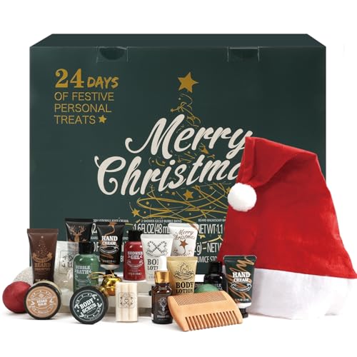 BODY & EARTH Adventskalender - Weihnachtsgeschenke Geschenkset mit 24 Badeset Pflegeset für Männer - Enthält verschiedene Duschschäume, Bartöl, Körperpeelings, wellness geschenke für Papa von BODY & EARTH