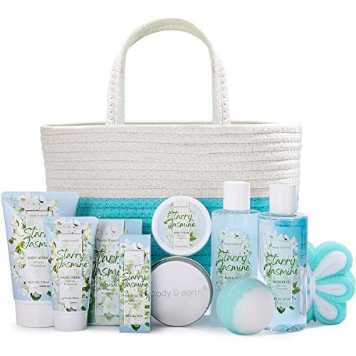 BODY & EARTH Geschenkset Frauen, 11 tlg. Jasmin Geschenkkorb, Ätherisches Öl, Duschgel, Schaumbad, Shampoo Seife, Bodylotion, Badebombe, Badesalz, Geburtstagsgeschenk Frauen, Mama, Freundin von BODY & EARTH