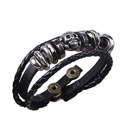 Bodya dunkles geflochtenes Kunstlederarmband Dreifachband Totenkopfamulett Wickelarmband Damen Mädchen Herren Armband Armbänder. von BODYA