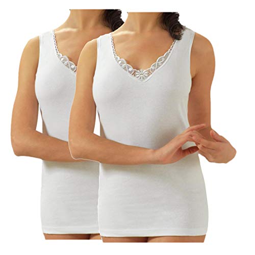 BODYPERFECT 2 Canotta Donna Spalla Larga in Cotone Con Scollo a v in Pizzo (Bianco, L) von BODYPERFECT