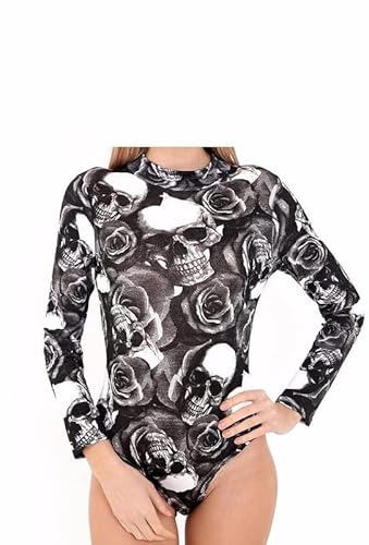 BODYWEAR LTD Damen-Body mit Rollkragen, langärmelig, Stretch, bedrucktes Gymnastikanzug, Totenkopf Rose, M-L von BODYWEAR LTD