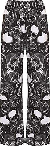 BODYWEAR LTD Damen Palazzo-Hose mit weitem Bein und Blumendruck. Gr. 42-44, Totenkopf-Rosen von BODYWEAR LTD
