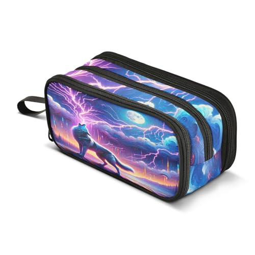 BOENLE Federmäppchen, Motiv: Wolf mit heulendem Mond, für Jungen und Mädchen, großes Federmäppchen mit Reißverschlussfächern, großes Fassungsvermögen, Schreibwaren, Stifttasche, Organizer für Kinder von BOENLE