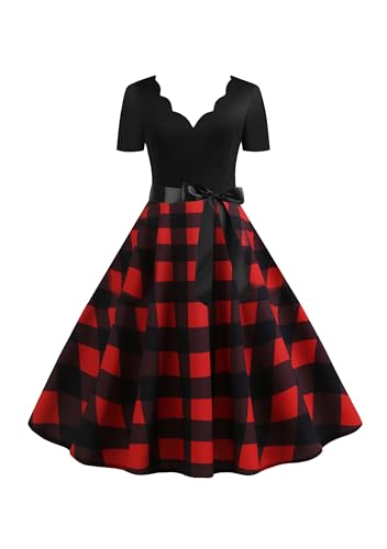 BOFETA Damen Audrey Hepburn Vintage Cocktail Party Kleid Casual Plaid Bowknot Rockabilly Kleid Rot Schwarz M von BOFETA