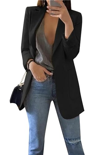 BOFETA Damen Blazer Jacke Lange ärmel Fest Farbe Reverskragen Elegante Jacke Strickjacke Plus Size Anzüge Mit Taschen Schwarz S von BOFETA
