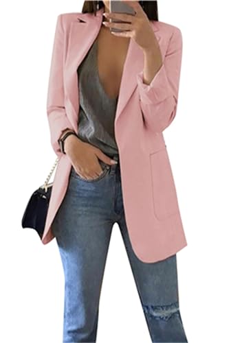 BOFETA Damen Blazer Offene Fronttaschen Jacke Elegant Schlank Strickjacke Formal Anzug Langarm Dressy Bluse Mantel Rosa M von BOFETA