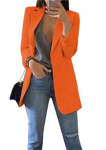 BOFETA Damen Casual Blazer Anzug Revers Open Front Solid Color Langarm Blazer Arbeit Büro Jacke Anzüge Mit Taschen Orange XS von BOFETA