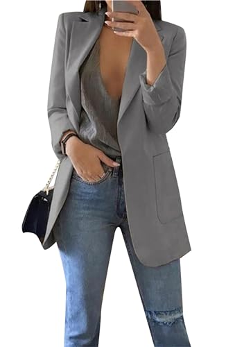 BOFETA Damen Casual Blazer Basic Anzug Blazer Solid Farbe Vorne Offen Revers Arbeit Büro Jacke Anzüge Mit Taschen Grau M von BOFETA