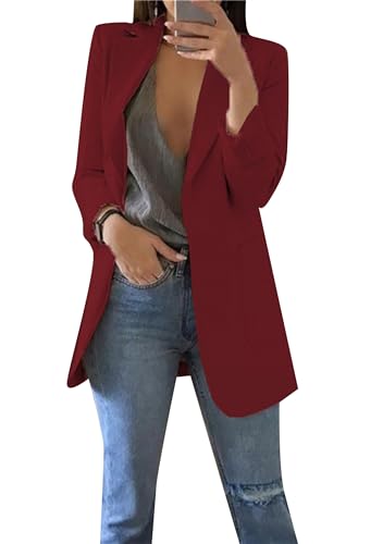 BOFETA Damen Casual Blazer Revers Arbeit Büro Blazer Jacken Slim Fit Open Front Anzug Jacke Mit Taschen Mit Taschen Rotwein L von BOFETA