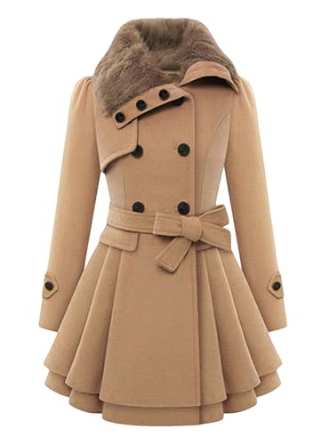 BOFETA Damen Doppelreihiger Wollmischung Trenchcoat Kunstpelz Revers Dicker Erbsenmantel Winter Warme A-Linien Jacke Mit Gürtel Khaki L von BOFETA