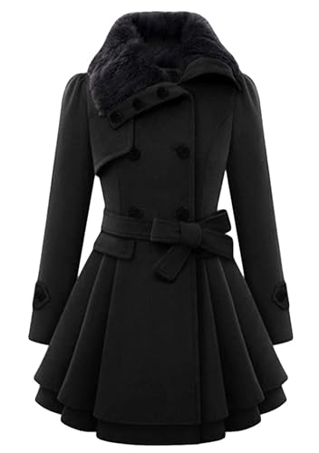 BOFETA Damen Mode Erbsenmantel Kunstpelz Revers Zweireiher Dicker Wollmischung Trenchcoat Winter Warme Jacke Mit Gürtel Schwarz XXS von BOFETA