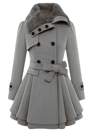 BOFETA Damen Revers Kunstpelz Reverskragen Jacke Zweireiher Wollmischung Trenchcoat Midi Swing Peacoats Mit Gürtel Grau XS von BOFETA
