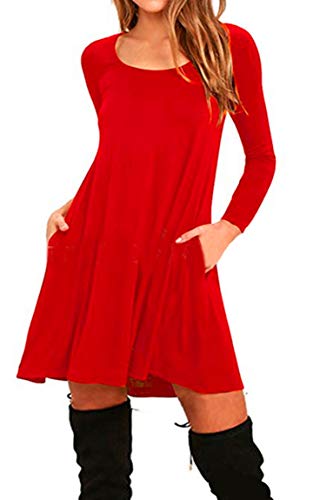 BOFETA Damen Minikleid Lässiges Langarmkleid Rundhalsausschnitt Kleid Rot 3XL von BOFETA